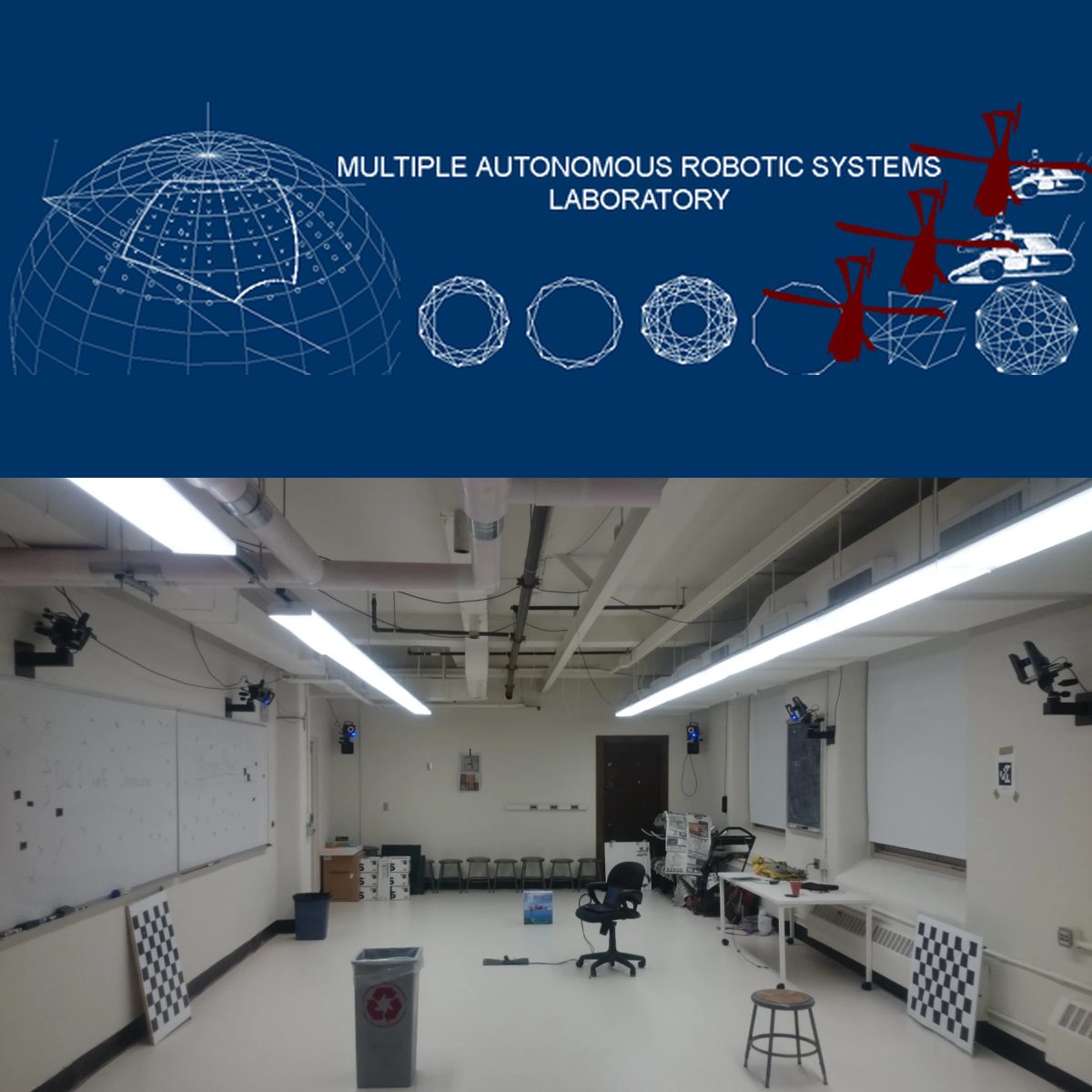 The MARS Lab banner above the lab’s motion-capture room, with cameras along the walls and checkerboard calibration targets on the floor